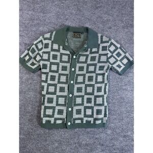 Vintage Retro Massive Luxury Edition Green White Geometric Knit Cotton ButtonUp